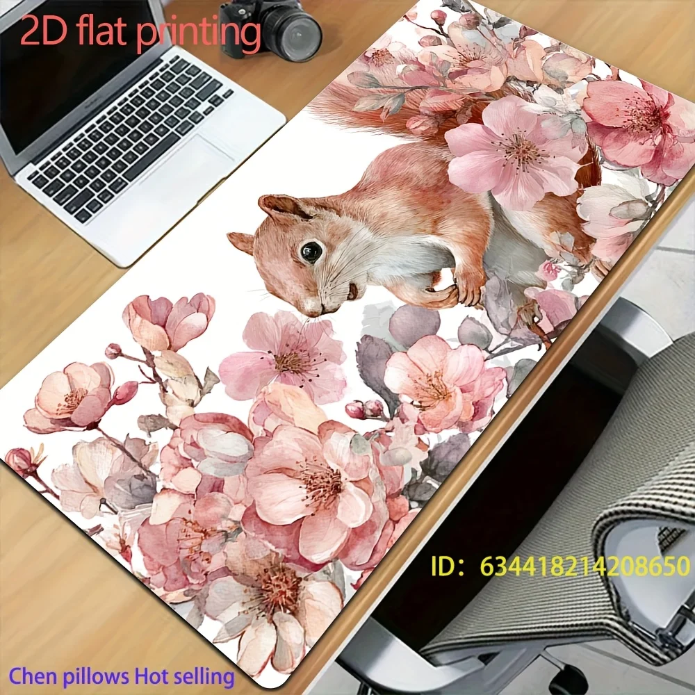 Watercolor Squirrel & Cherry Blossom Large Desk Mat, Floral Extended Mouse Pad, Non-Slip for Home Office