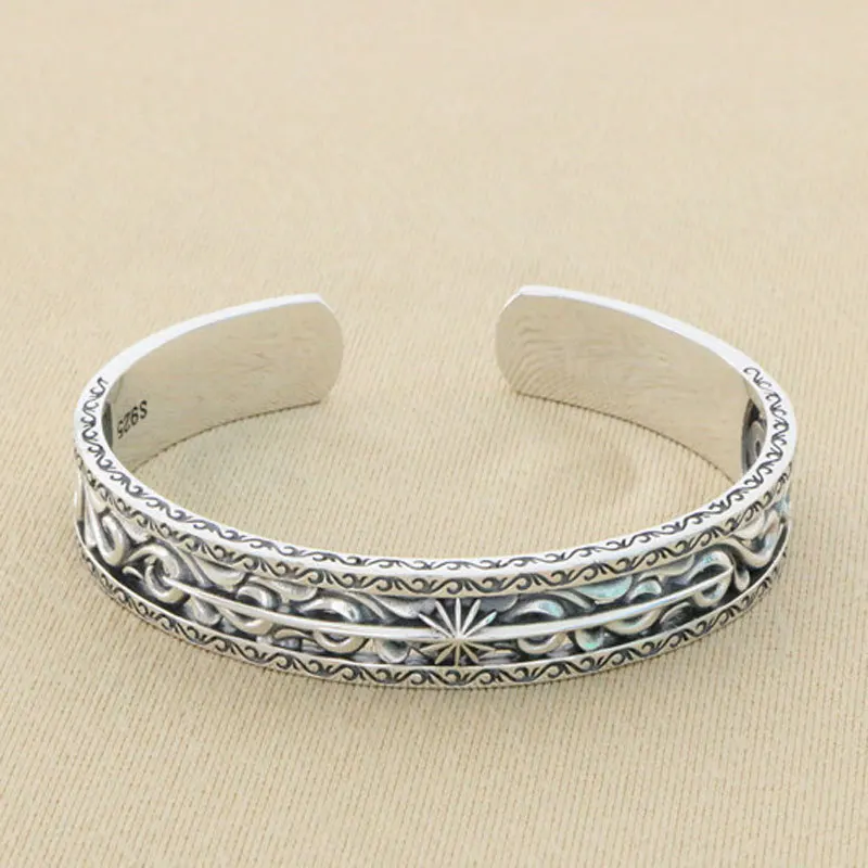 Exotic S925 Silver Bracelet Retro Worn Open Silver Bracelet Art and Fashion Tang Grass Wave Pattern Men's and Women's Bracelet