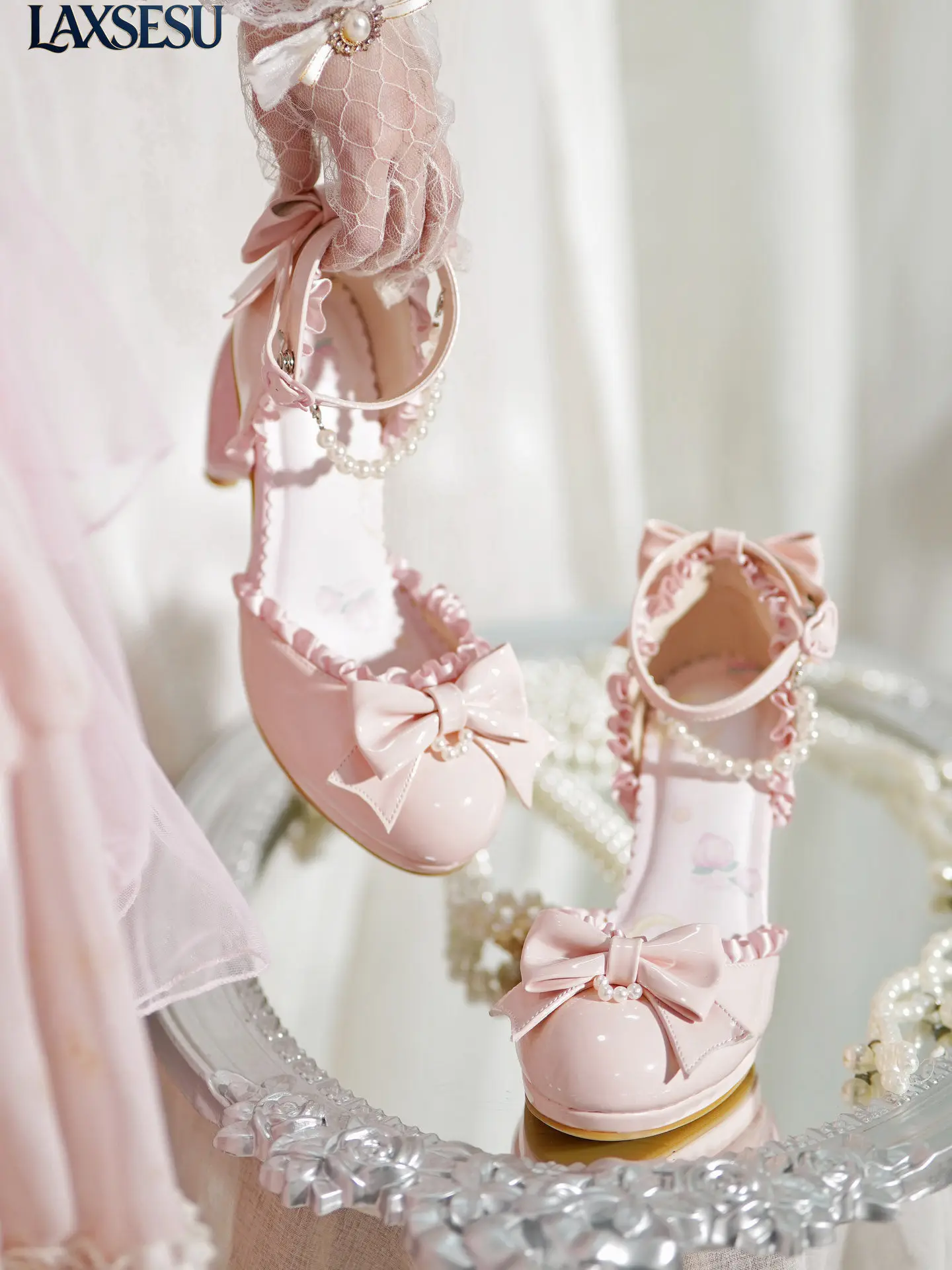 Original Design Sweet and Cute Lolita Girl Cute Love and Bow Pearl Sandals Lolita Sweet and Versatile High Heels for Women