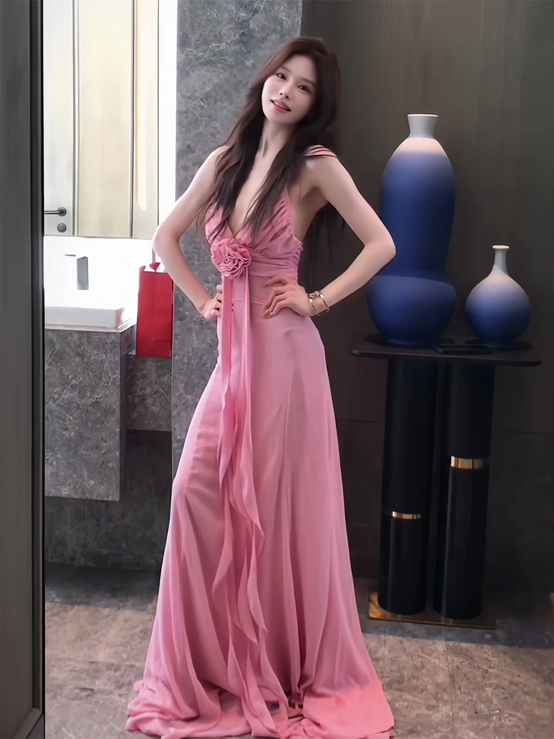 

Pure Desire Dopaamine Beautiful Girl Pink Irregular Drifting Tail Dress Sling Long Skirt Atmosphere Holiday Fairy Skirt