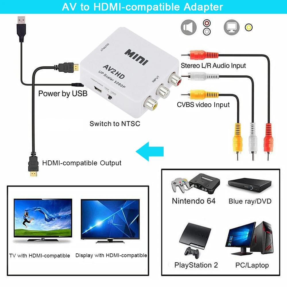 HDMI-compatible to AV Adapter Video Composite Converter HDMI-compatible Input to RCA CVBS L/R Output HD2AV UP Scaler 1080P