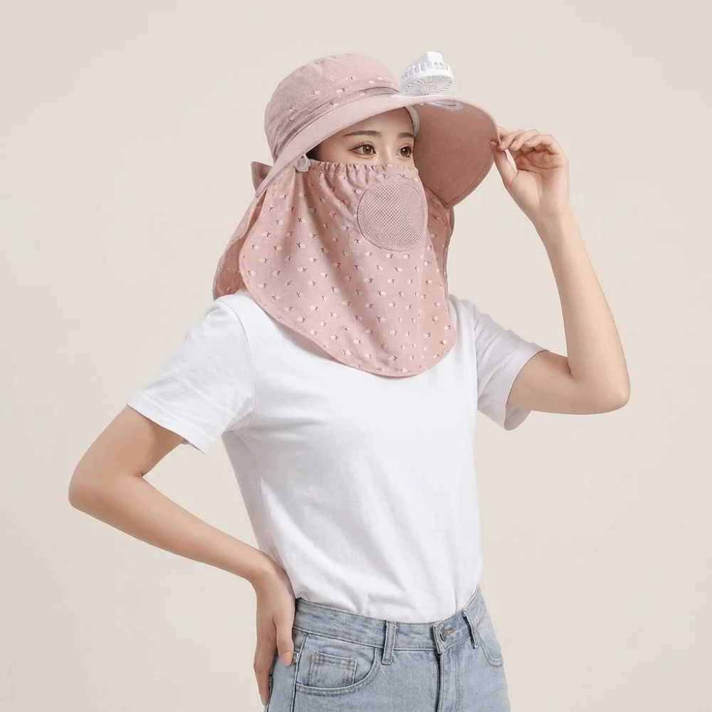 Windproof Electric Fan Bucket Hat With Neck Flap Full Face Cover Tea Picking Hat UV Protection Sunscreen Women Sun Hat Cycling