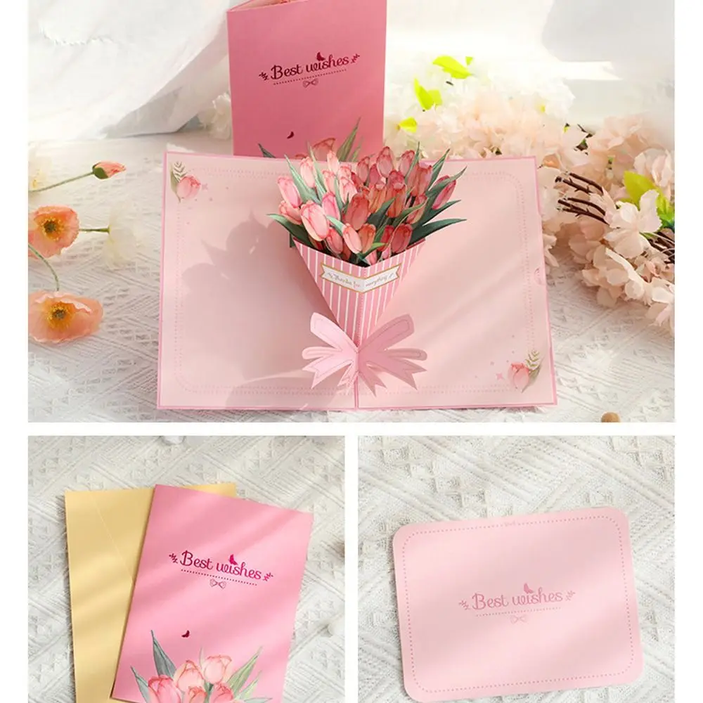 Invitations Cards Foldable Tulips Bouquet Greeting Card Paper Wishing Appreciation Card Handmade Message Card Thanksgiving