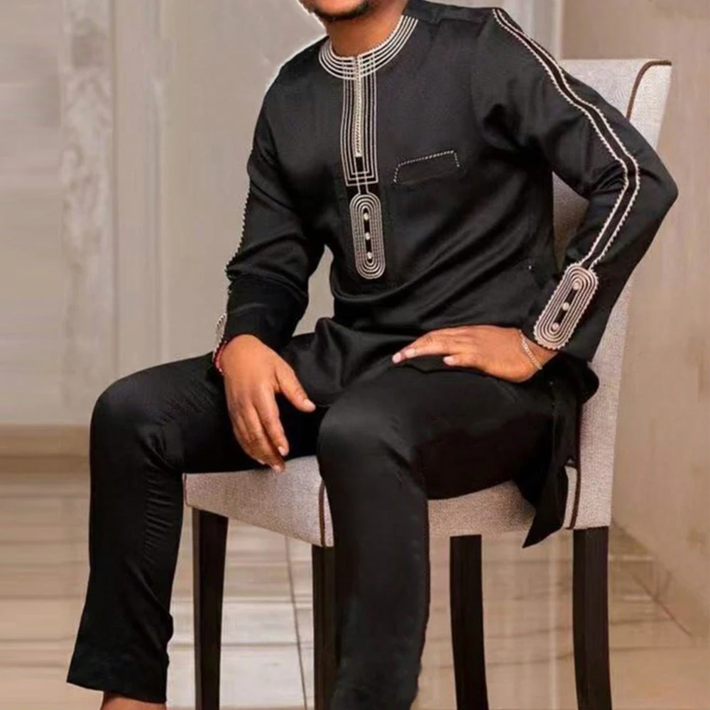 Kaftan Men Suits 2PCS Sets Embroidered Long Sleeved Top Pants Traditional Cultural Ethnic Casual Luxury Kaunda Outfits Wear