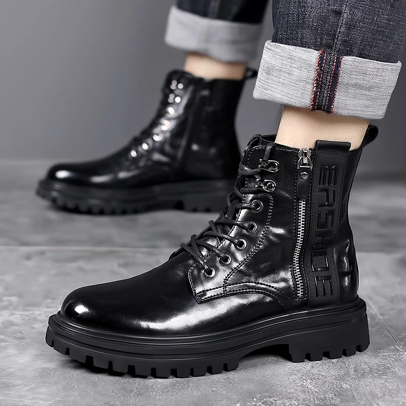 New Men Brand Side Zipper Business Casual High Top Cotton Boots with Added Fleece Fashionable Men Lace Up High Top Leather Boots