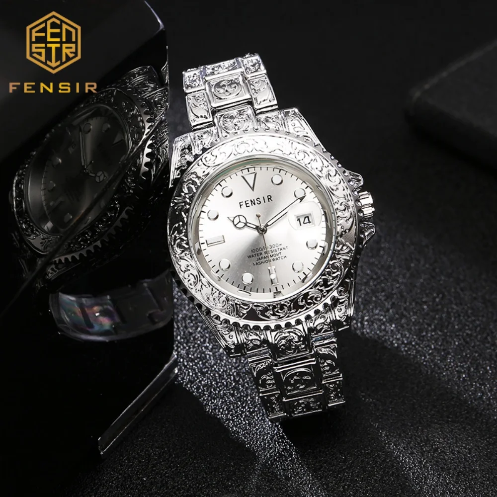 Classic Popular Men's Quartz Watch, Engraved Strap Wristwatch, Waterproof Men's Watch with Calendar, Light Luxury Retro Embossed Design, Luminous Waterproof, Versatile for Business and Casual Wear, Birthday Gift for Boyfriend