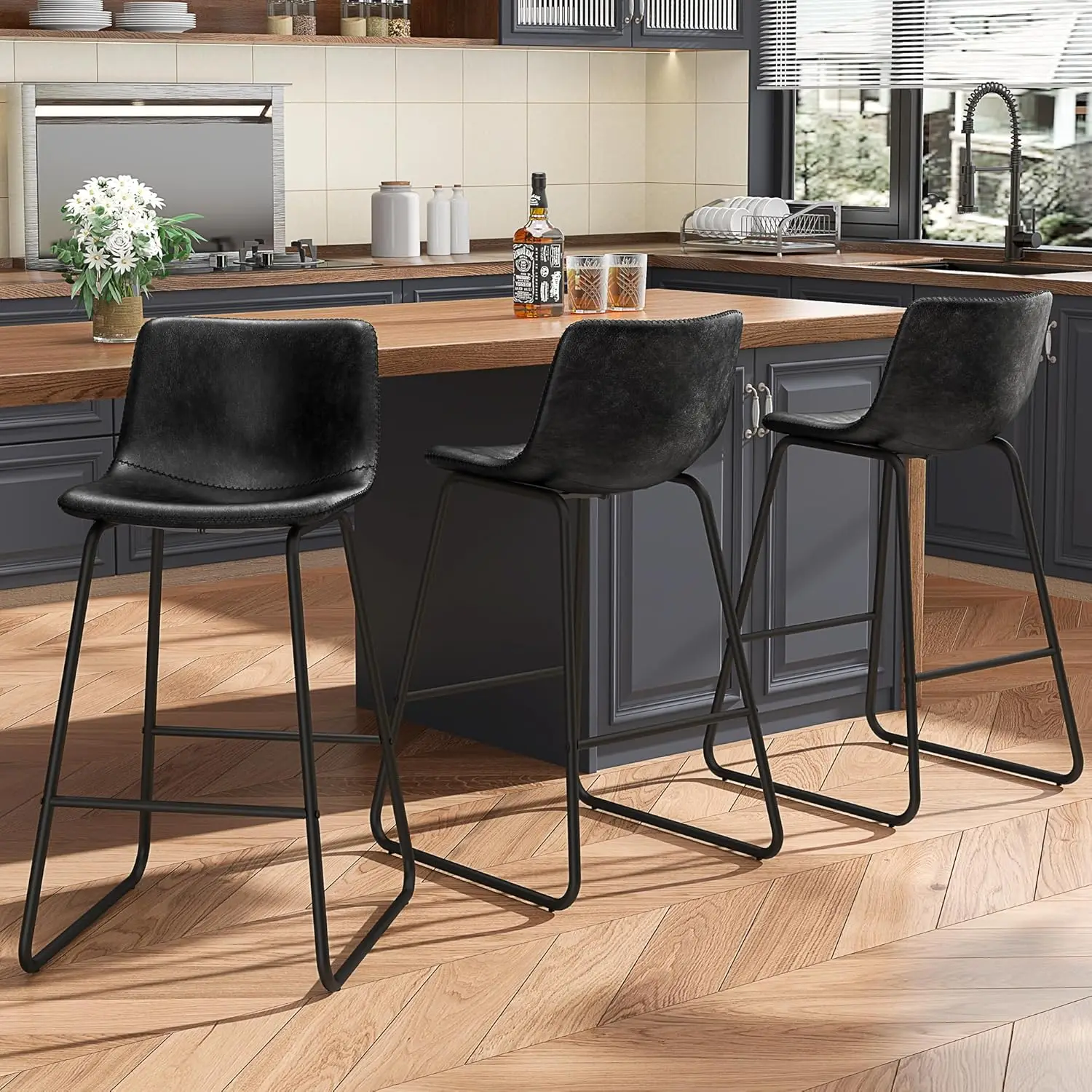 

26in Faux Leather Counter Height Bar Stools Set of 3 with Metal Legs & Footrest Back Armless Kitchen Island Chairs, Customized