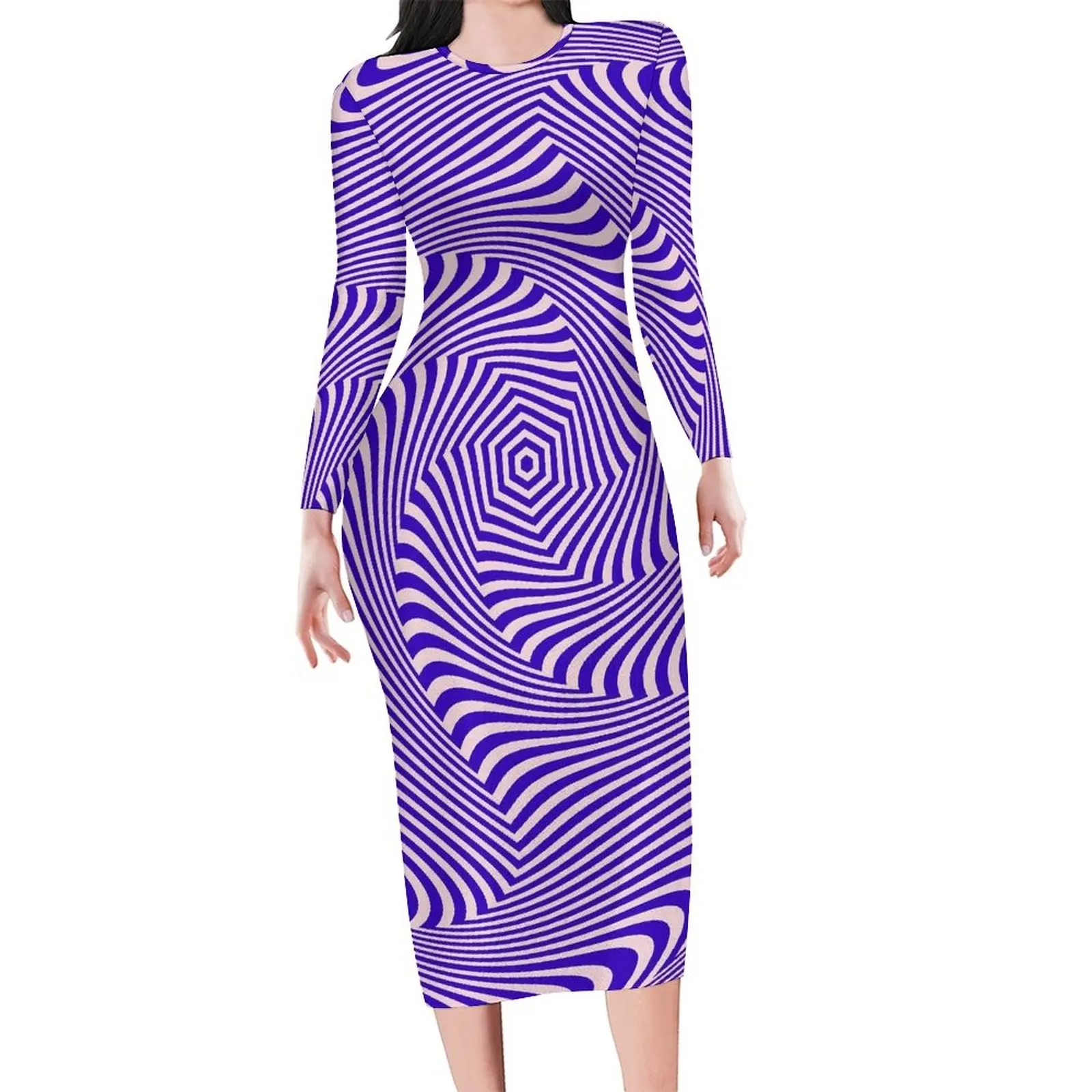 Purple Curve Bodycon Dress Autumn Swirl Lines Print Club Dresses Female Long Sleeve Graphic Streetwear Dress 3XL 4XL 5XL