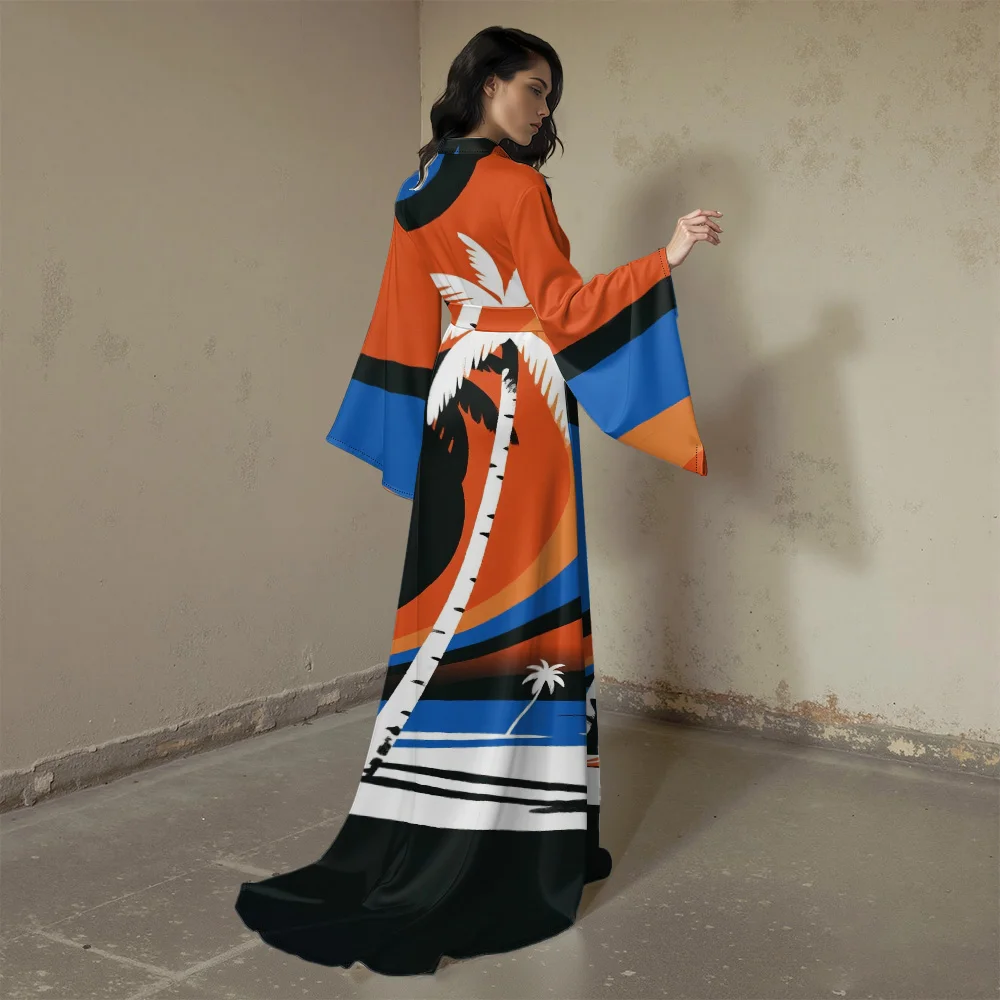 

Легкая домашняя одежда, женское сексуальное кимоно с тропическим принтом, халат с боковыми разрезами, v-образным вырезом и поясом, длинное накидка для отпуска