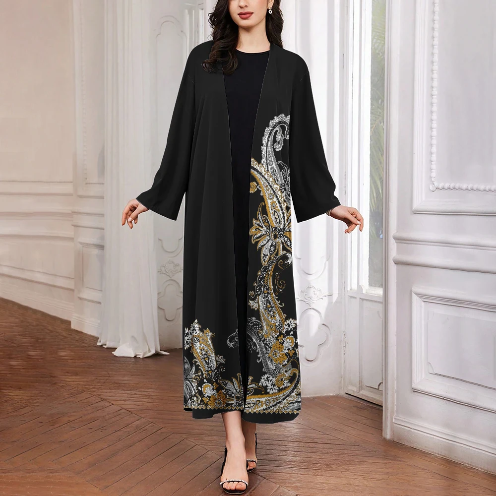 New Dubai Fashion Comfortable Cardigan Robe Long Sleeve Delicate Printed Robe Elegant Loose Robe for Muslim Women During Ramadan