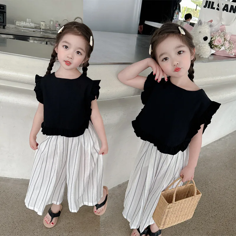 

Girls Personality Set Summer Girls Flying Sleeve Top + Cotton Hemp Wide-leg Pants Two-piece Set Send A Pair of Hairpins