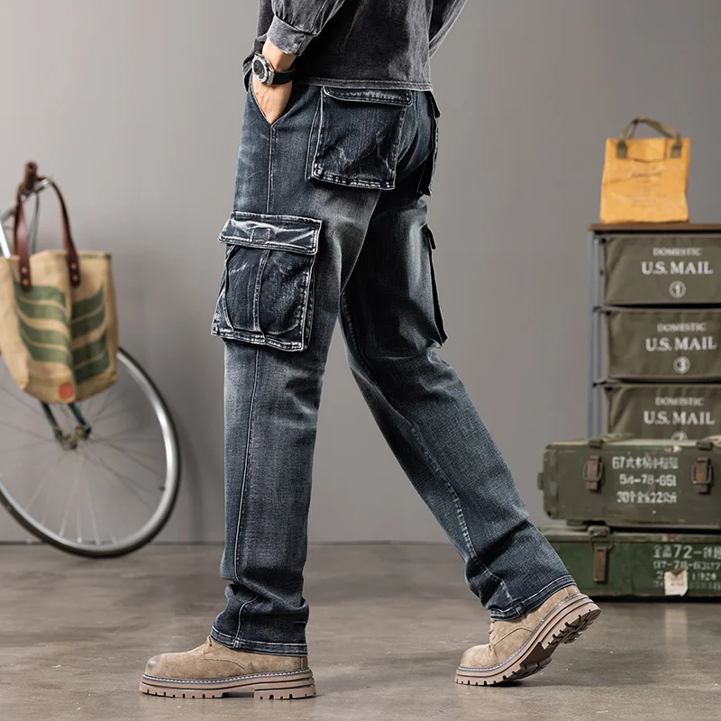 American retro autumn and winter men's straight loose oversized wide leg workwear with multiple pockets jeans cargo pants men