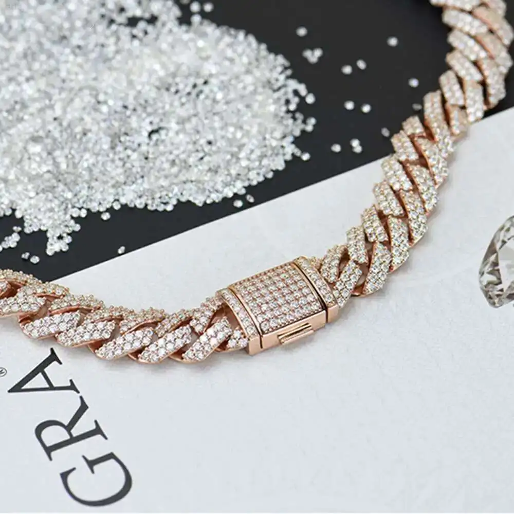 

Custom Hip Hop Necklace 925 Sterling Silver 10mm 12mm Width Ced Out Vvs 2rows Moissanite Cuban Link Chain for Men