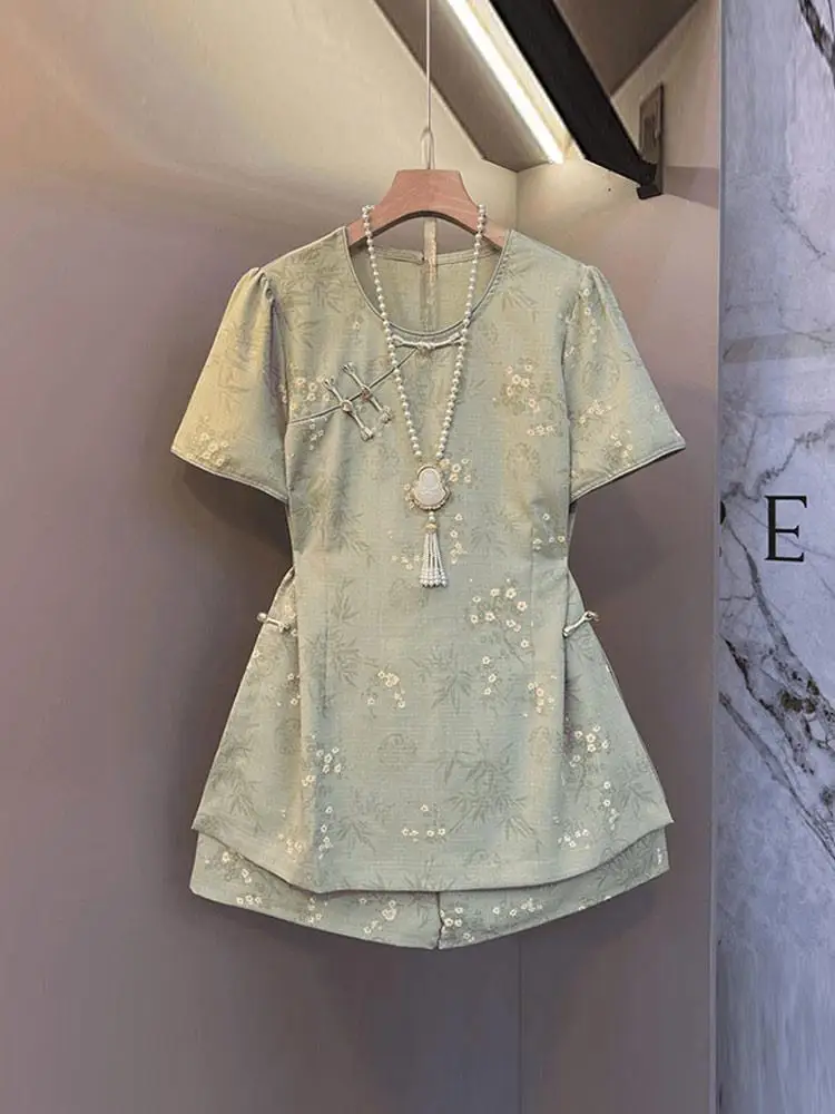 

New Chinese Style Anti-Aging Summer Fashion Women's Outfit Short Sleeve Button up Two-Piece Set Vintage round Neck Top Shorts