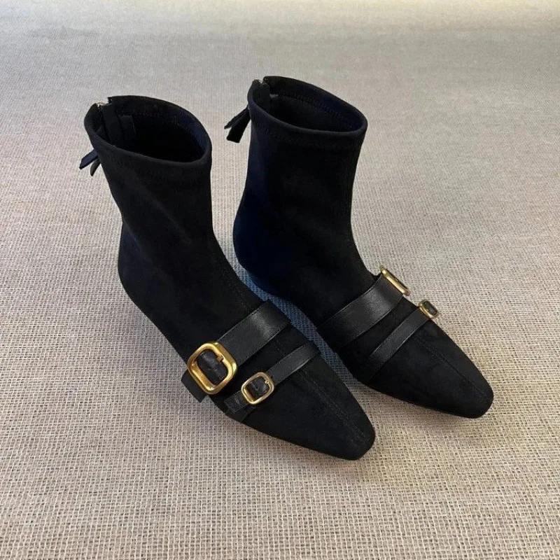 

2026 Fashion Pointed Toe Modern Ladies Short Boots Shoes Female Square Heels Women Ankle Stretch Boots Zippers Shoes Pumps 35-42