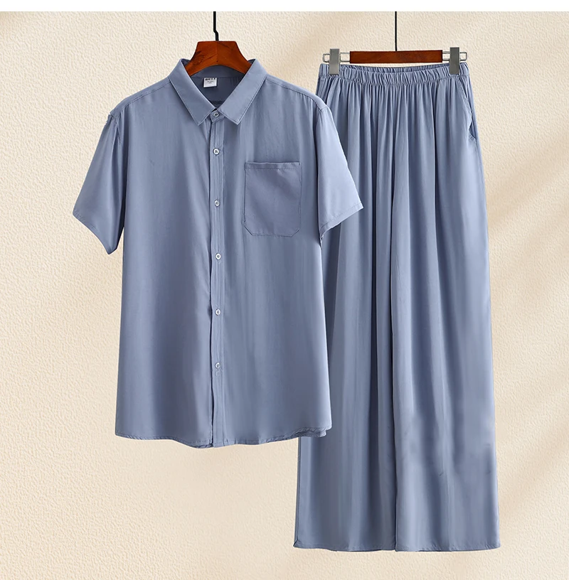 Summer Cotton Silk Men's Suit White Short-sleeved Shirt Wide-leg Trousers 2 Pieces of Loose Large Size Pajamas Casual Home Wear