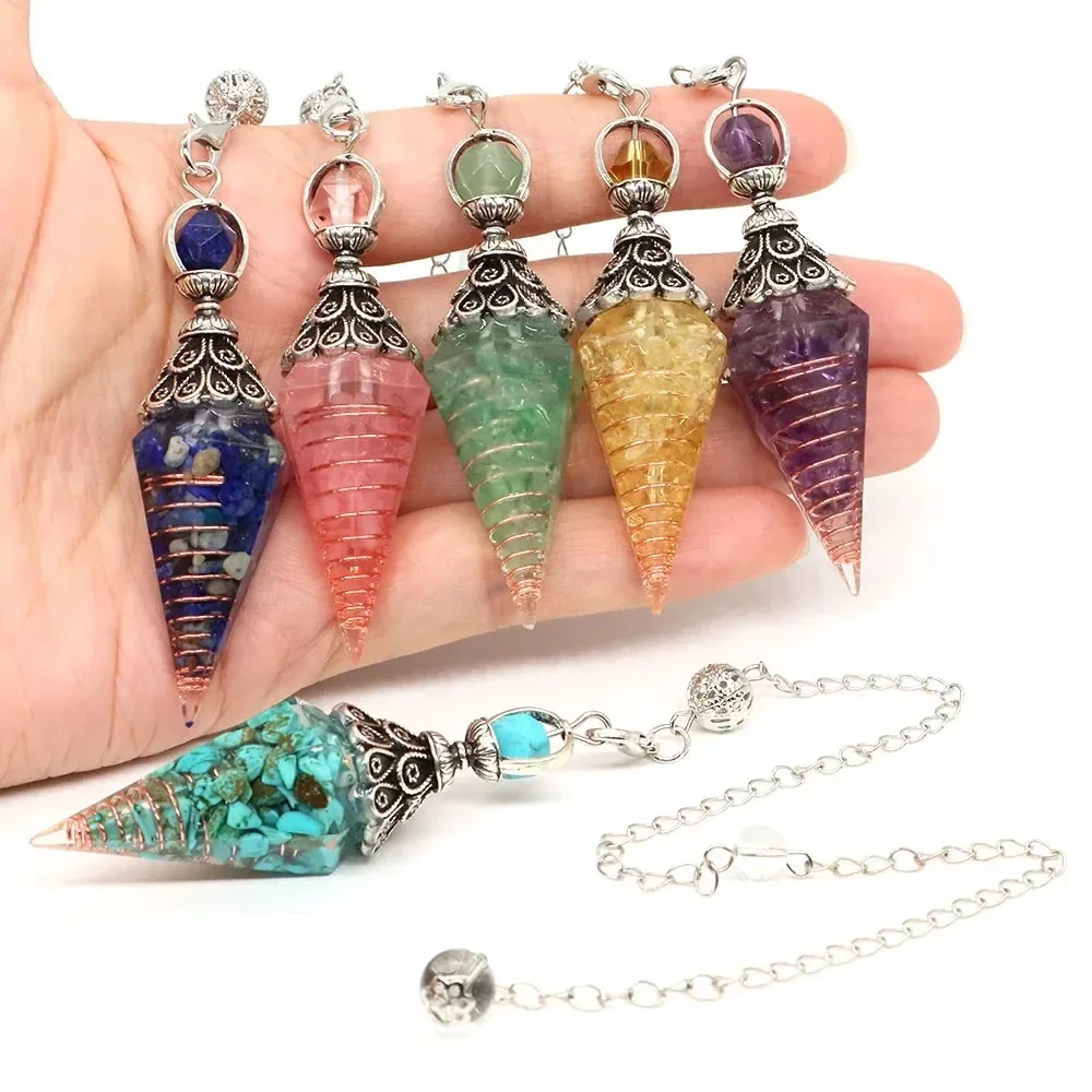 Natural Stone Resin Crushed Stone Spiritual Pendant Rose Quartz Agates Drip Hexagonal Cone Pendant Jewelry Accessory