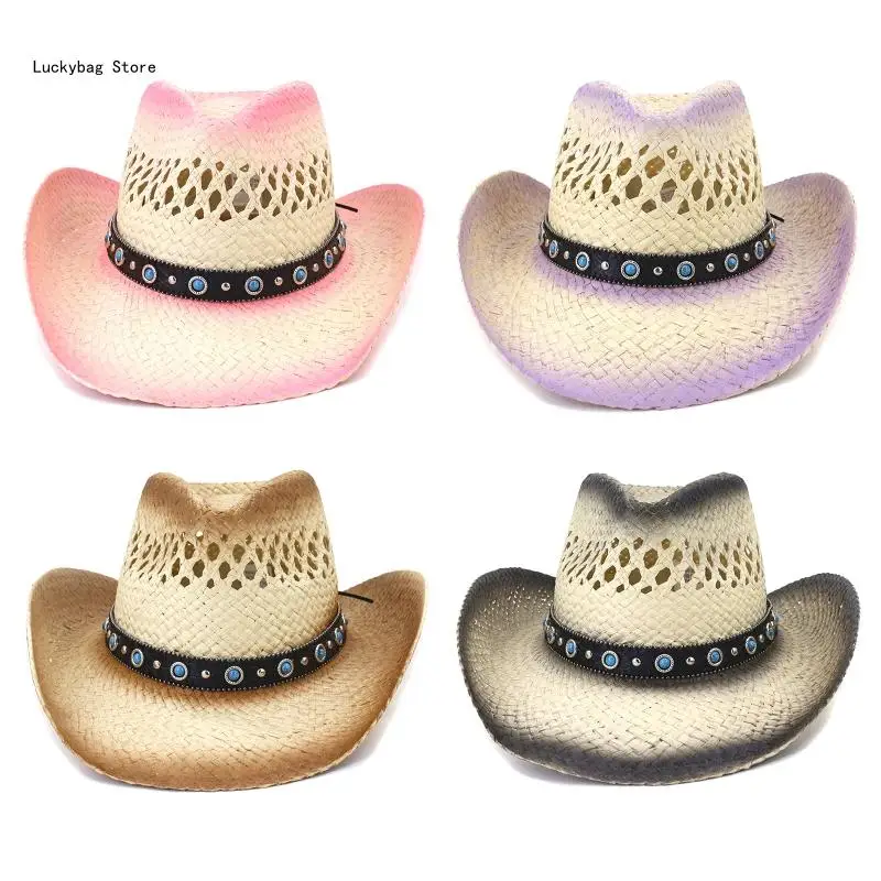 

Fashion Hollowed Handmade Cowboy Straw Hat Women Men Summer Outdoor Travel Beach Hat Colorful Sunshade