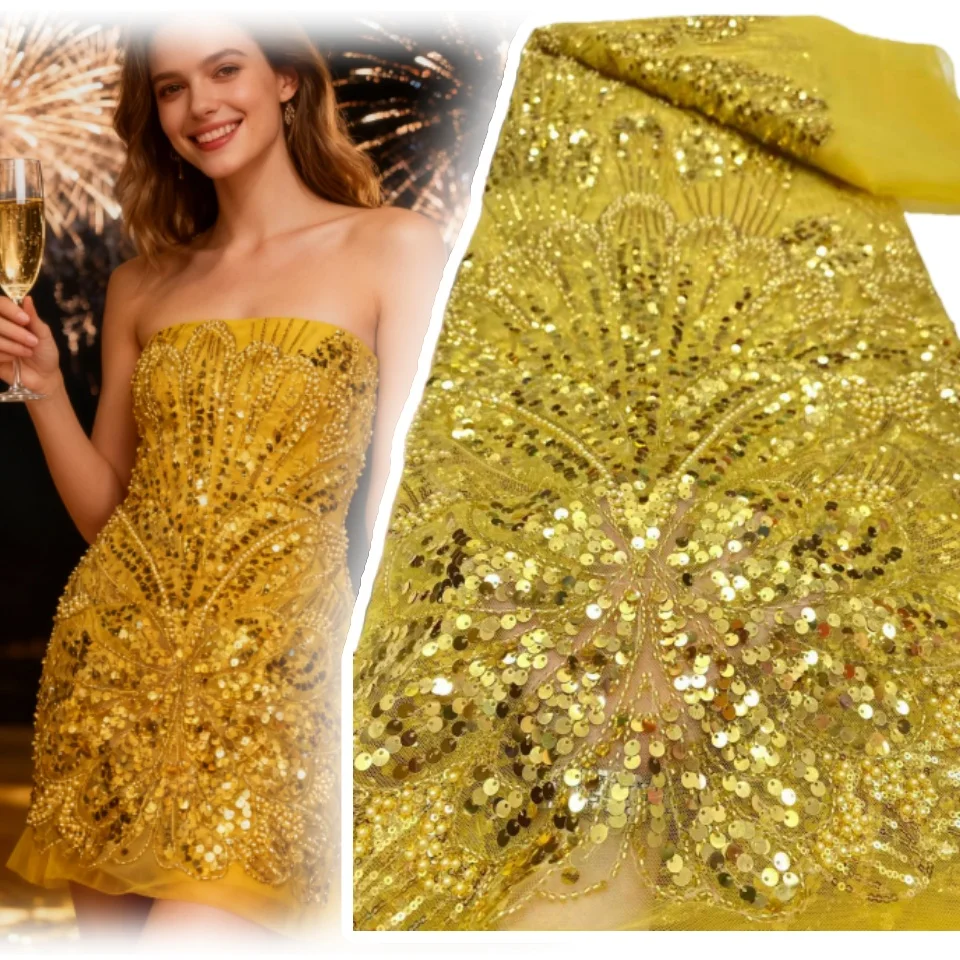 

5Y Hot African Sequin Beaded Lace Fabric 2026 High-Quality Nigerian Lace Fabric for Women's Wedding Gown Sewing Material 1889