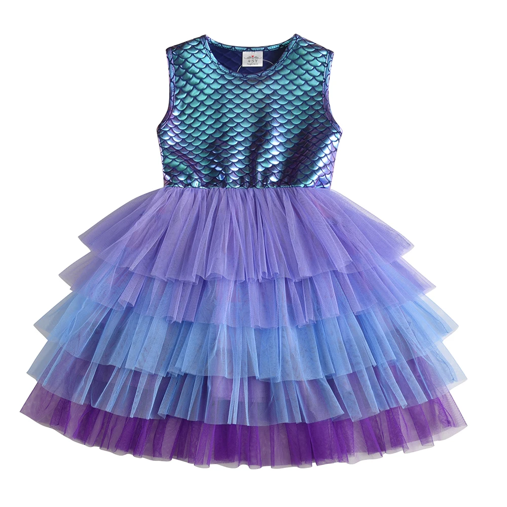 VIKITA Mädchen Meerjungfrau Print Sommer Ärmellose Kleider Mädchen Geburtstag Party Abendkleid Prinzessin Kleid Kinder Layered Kuchen Tutu Kleid – Detail 4