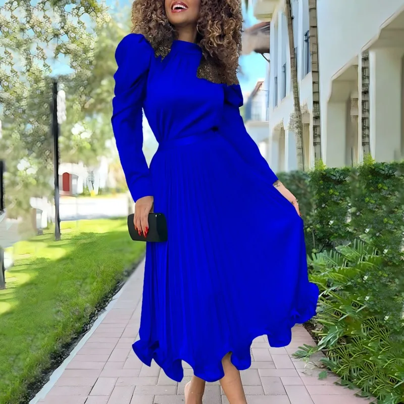 High Neck Robe Two Piece Set Fashion Plus Size Pleated Evening Party Dress Women's Set Autumn New Solid Bubble Sleeve Top Ruffle