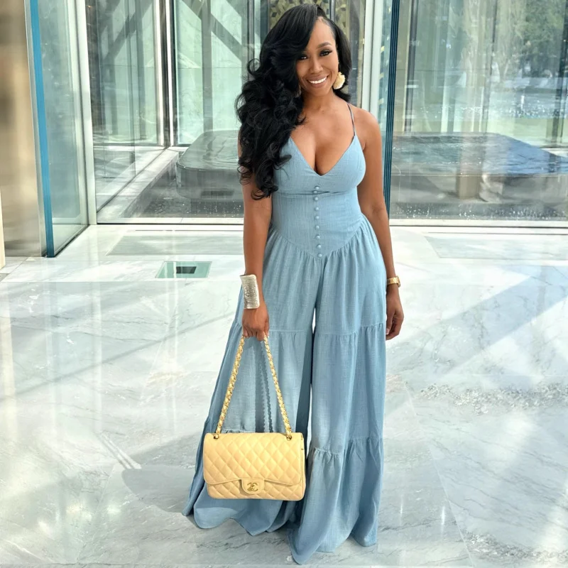 

European and American women's clothing in solid dark colorsVLong-necked strap jumpsuit for women, African high-waisted, fashiona