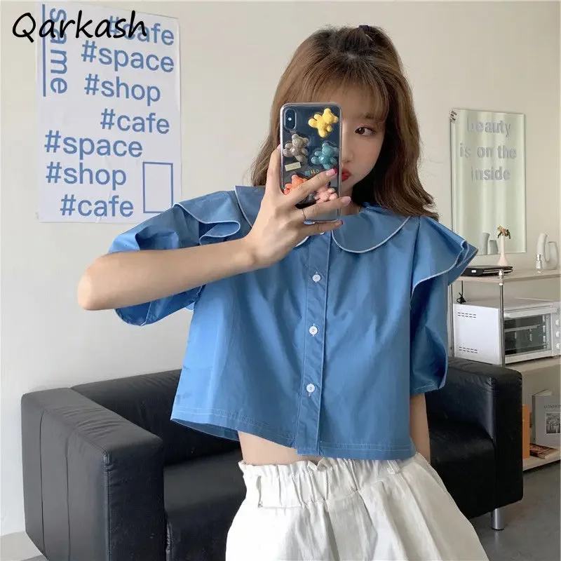

Shirts Women Spring Cropped Half-sleeve Peter Pan Collar All-match Solid Simple Girls Lovely Leisure Daily Fashion Tops Ulzzang