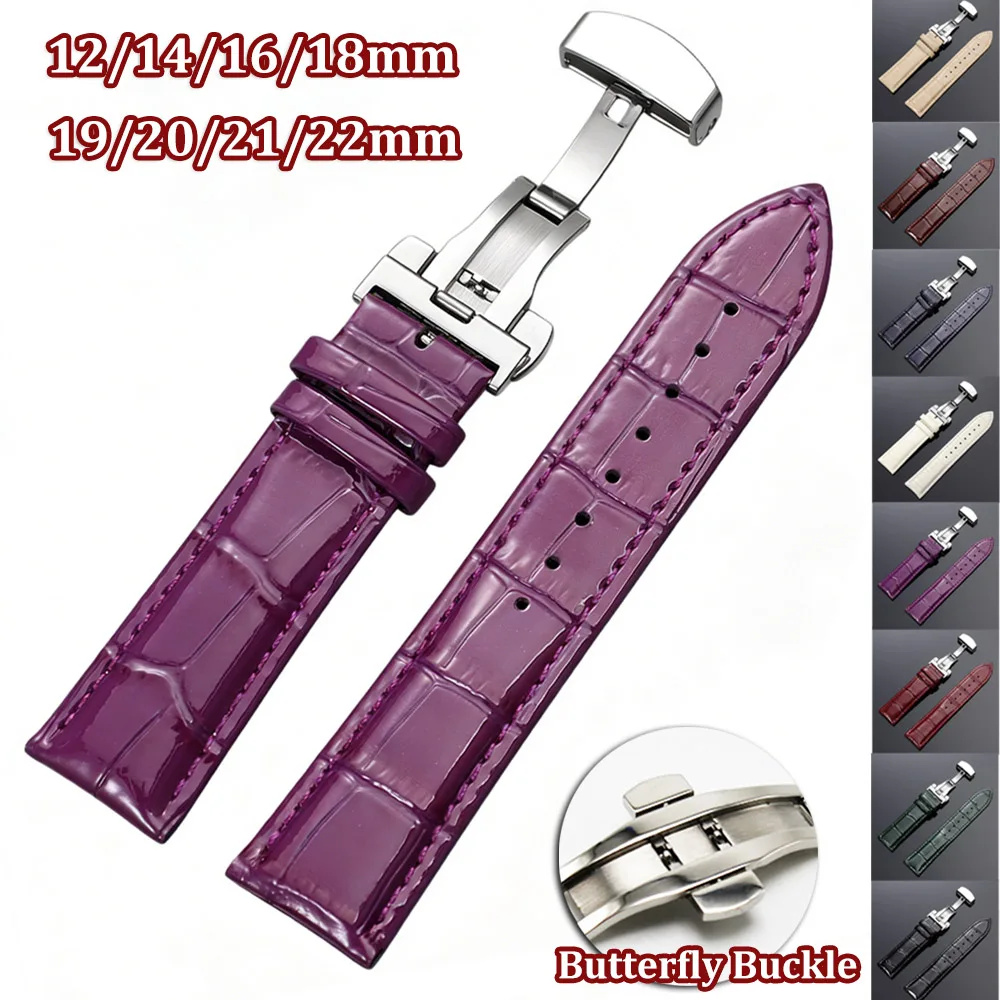 Bracelet de montre en cuir brillant, 12/14/16/18/19/20/21/22mm, pour Seiko, bracelet en cuir de vache pour montre Omega, boucle papillon