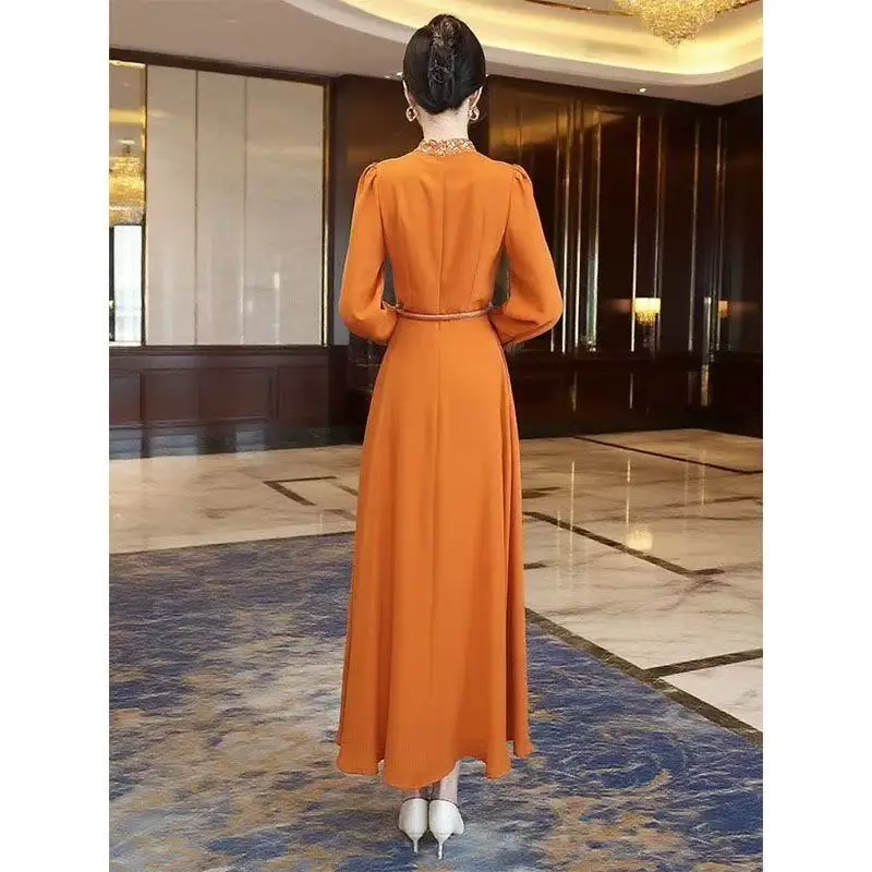 Spring Autumn New Simple Elegant Dress Women Stand Collar Long Sleeve Slim A-Line Long Dress Beautiful Office Lady Dresses