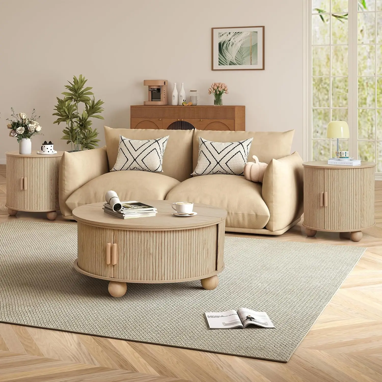 

33.5" Lift-Top Coffee & 24" End Table Set 3-Piece Storage Living Room Furniture Natural Customized