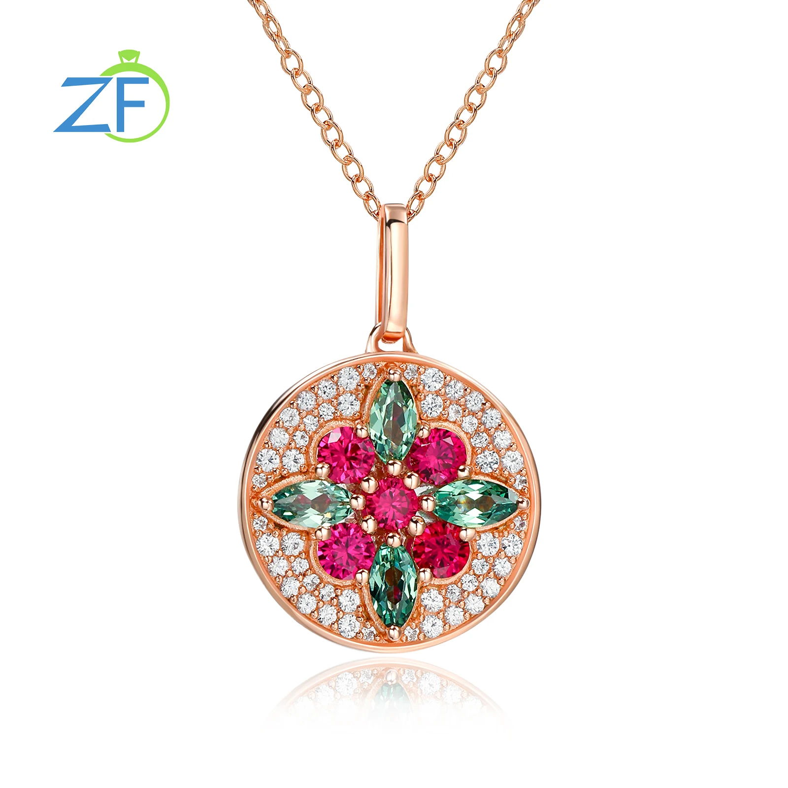 GZ ZONGFA 925 Sterling Silver Colorful Multi Gemstone Necklace for Women 1.7ct  Gemstone Rose Gold Round Pendant Fine Jewelry