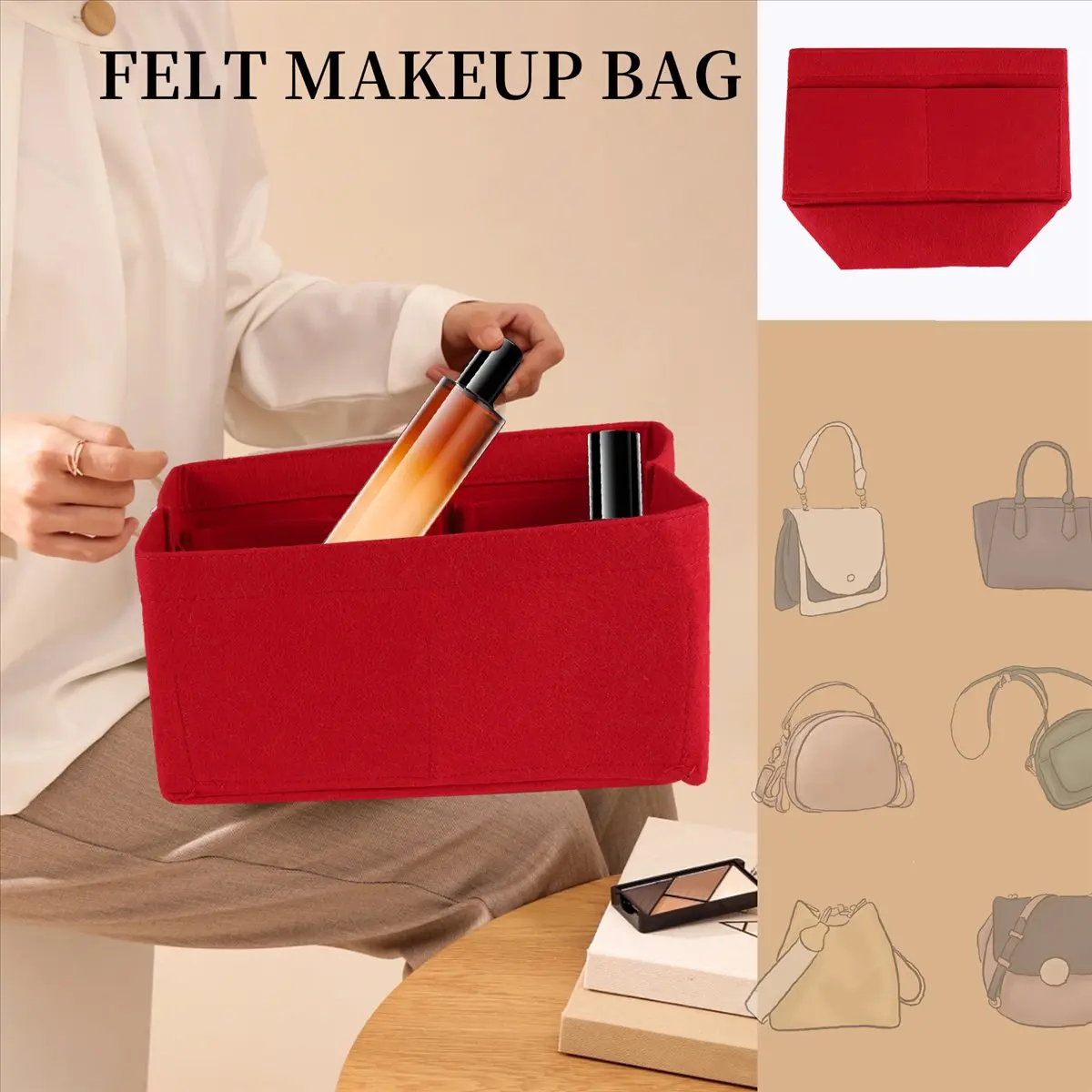 ABQR الأحمر حقيبة التخزين المنزلية محفظة المنظم ورأى إدراج حقيبة ماكياج المنظم الداخلية محفظة المحمولة حقائب مستحضرات التجميل تخزين حمل