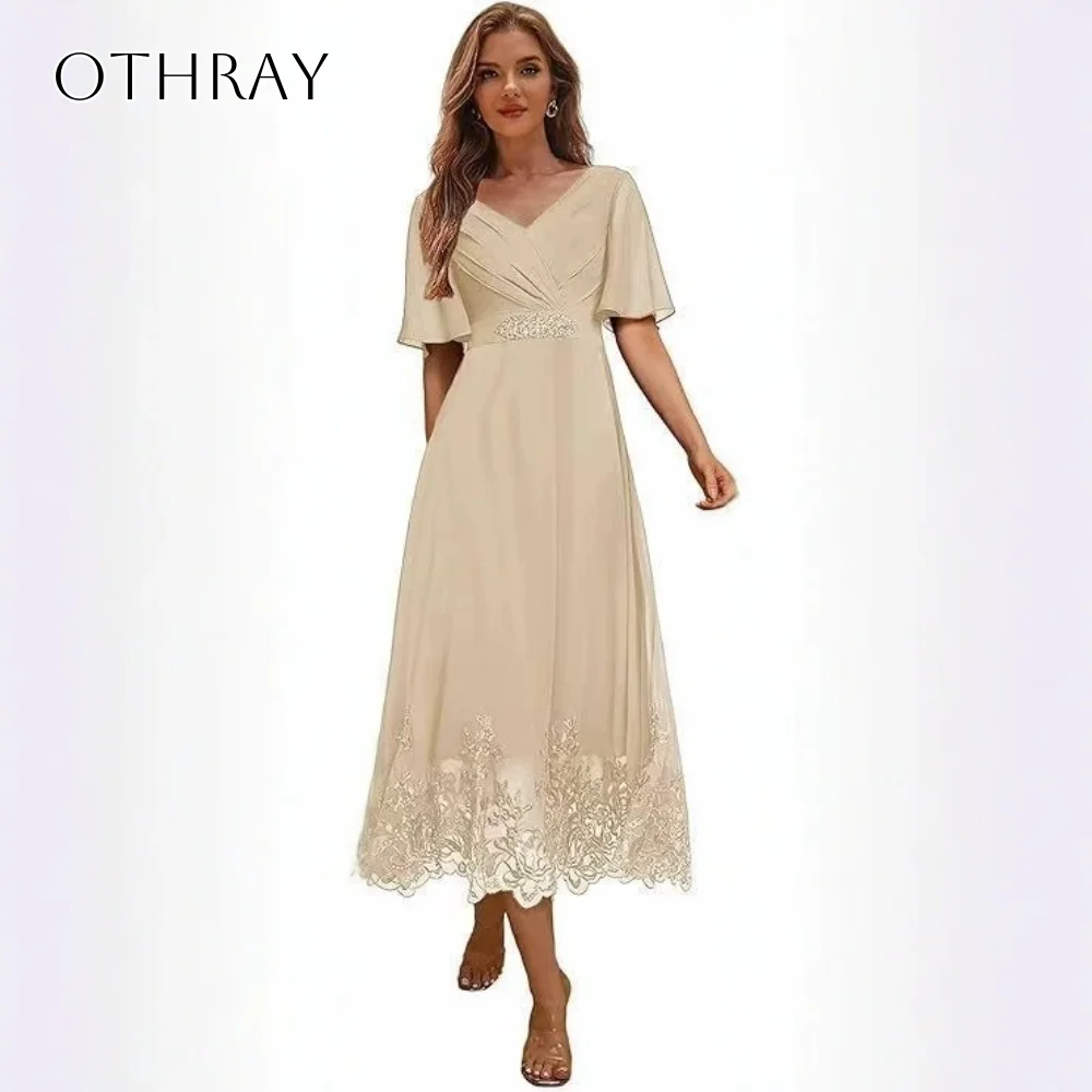 V-neck Chiffon Lace A-line Homecoming Dresses Puffy Short Sleeves Tea Length Customized robes de soirée