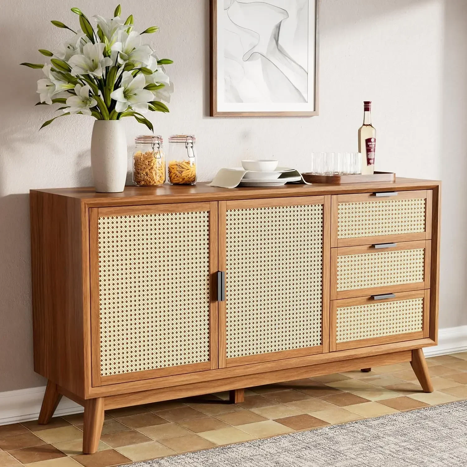 

Rattan Pre-Assembled Buffet Sideboard with 3 Drawers&2 Doors,58" Accent Console Table Living Room,Kitchen,Dining