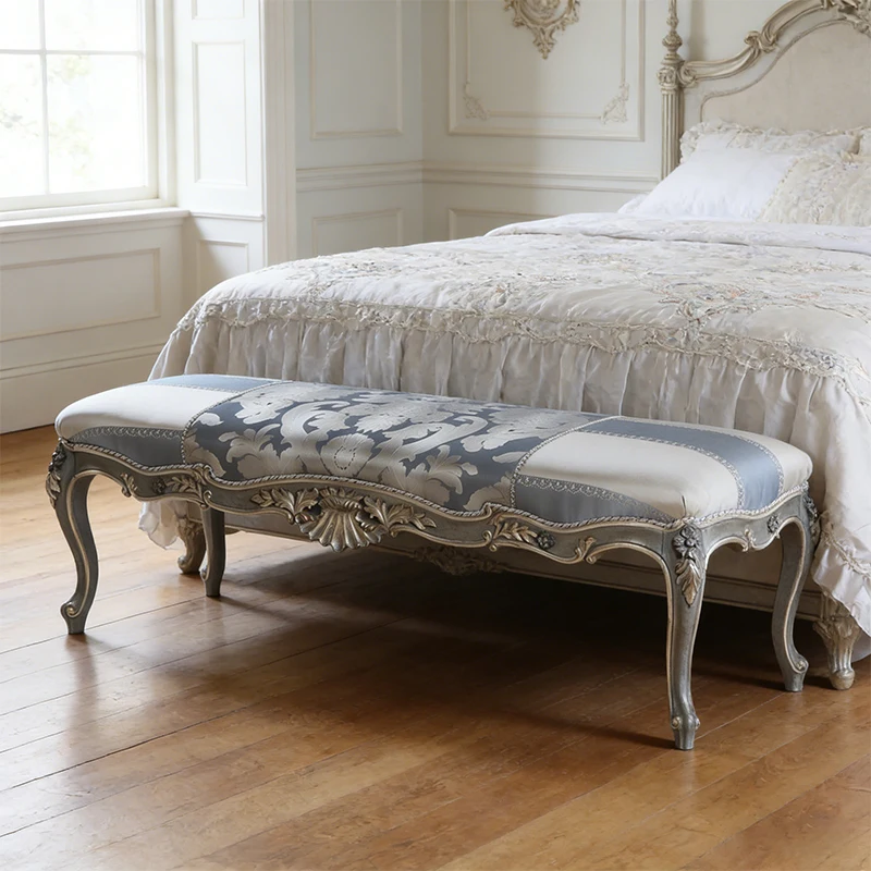 

!@Customization Factory French Handcrafted Wooden Embroidered Fabric Designs Luxury Antique Vintage End Bed Bench for Bedroom