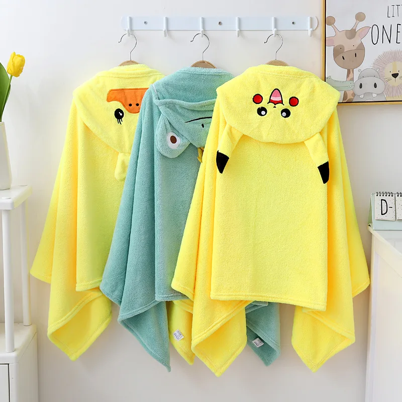 Green Frog Yellow Duck Plush Flannel Kids Hooded Cloak Bathrobe Bath Towel Robe Soft Newborn Wrap Blanket Home Towel 0-8 Years