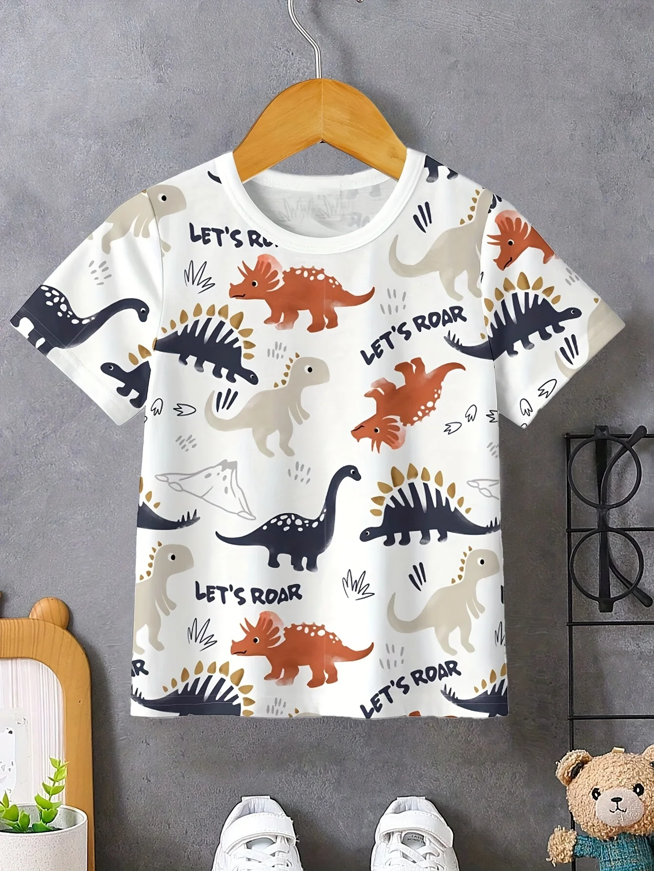 Kids Boys Summer Cotton T‑Shirt, Minimalist Dinosaur Print Crew Neck Casual Short Sleeve Tee
