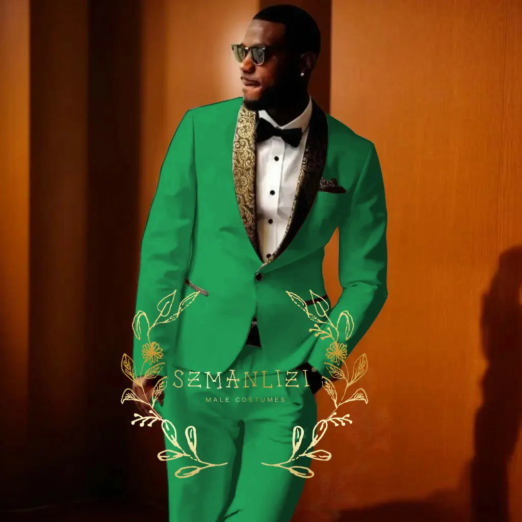 Royal Blue Men Suits Slim Fit 2 Piece Gold Floral Lapel Suit Men Wedding Prom Party Business (Blazer+Pants) Suits for Men