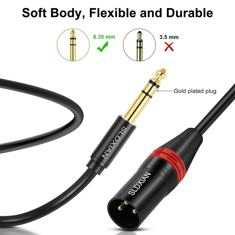 1/4 inch TRS to XLR male cable,  balanced 6.35mm TRS plug to 3-pin XLR male, quarter inch TRS male to XLR male microphone cable