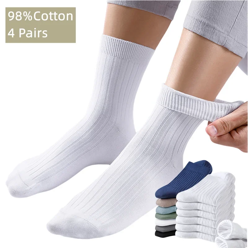 4 Pairs Men Crew Socks 98% Combed Cotton Middle Tube Black Blue White Soft Breathable Four Seasons Business Casual Sock for Man