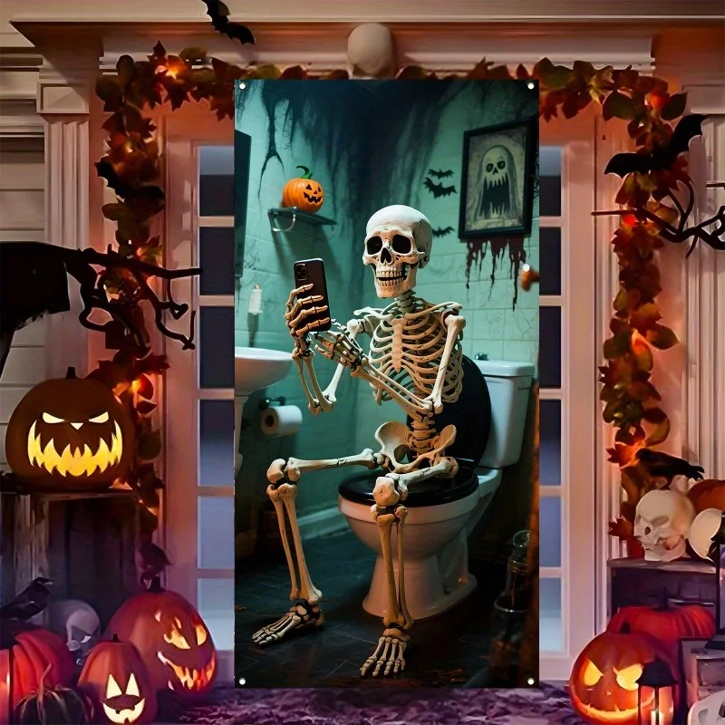لافتة ثنائية الأبعاد، ديكور باب المرحاض هيكل عظمي للهالوين - مشهد حمام رعب مع الخفافيش والقرع وشبكات العنكبوت - بوليستر #4