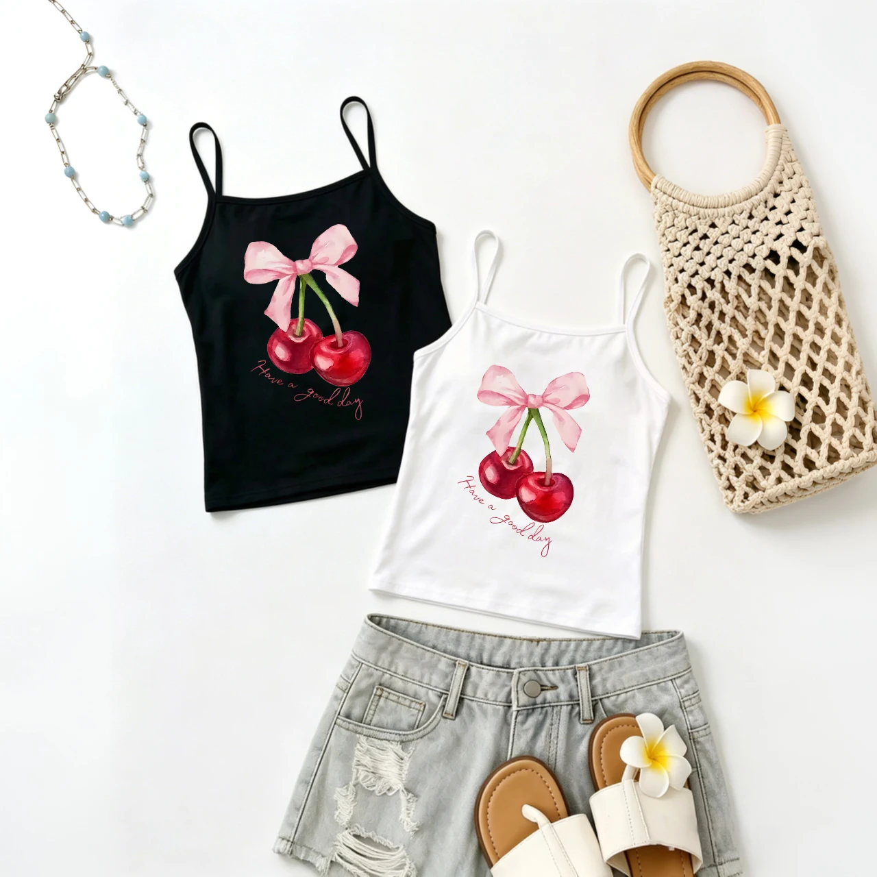 Cherry Bow Graphic Tank Top Cute Fruit Art Cami Summer Beach Vacation Top Retro Aesthetic Harajuku Slim Fit Crop Top