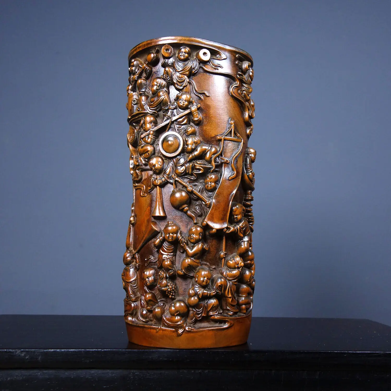 

Old Boxwood Nicely Carved Hundred Children Playing Design Statue Brush Pot Decor