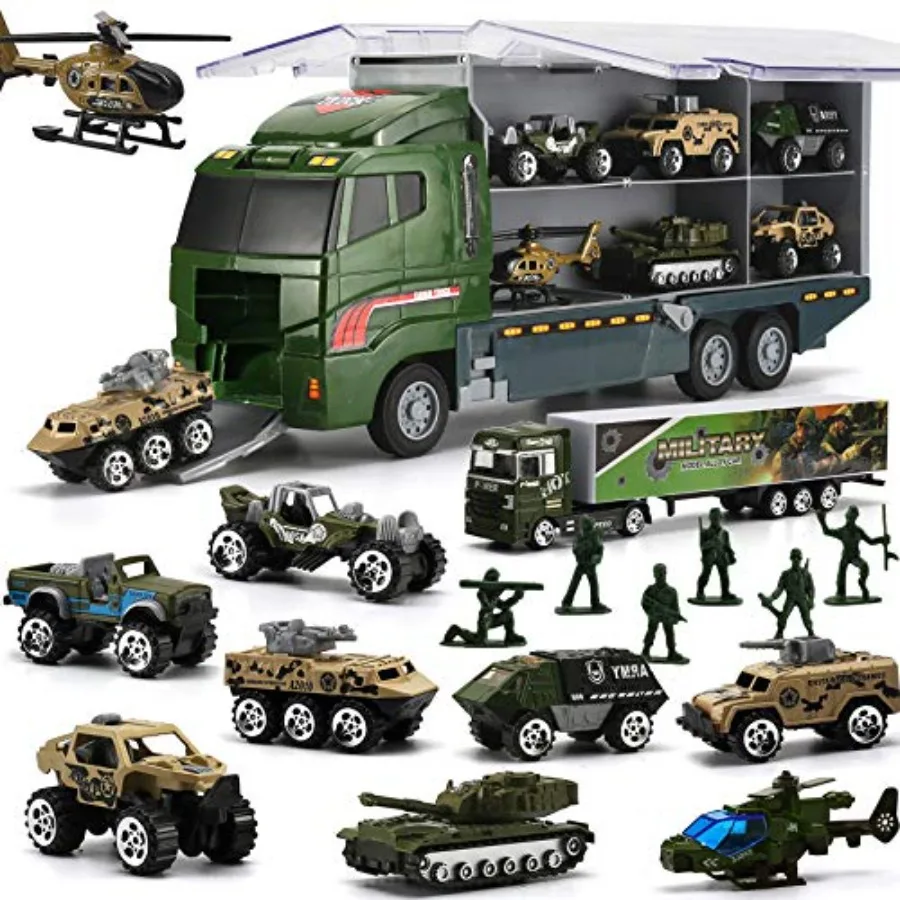 26 Pcs Military Truck with Soldier Men Set 2 in 1,Mini Die-cast Battle Car in Carrier Truck, Army Toy Double Side Transport Veh
