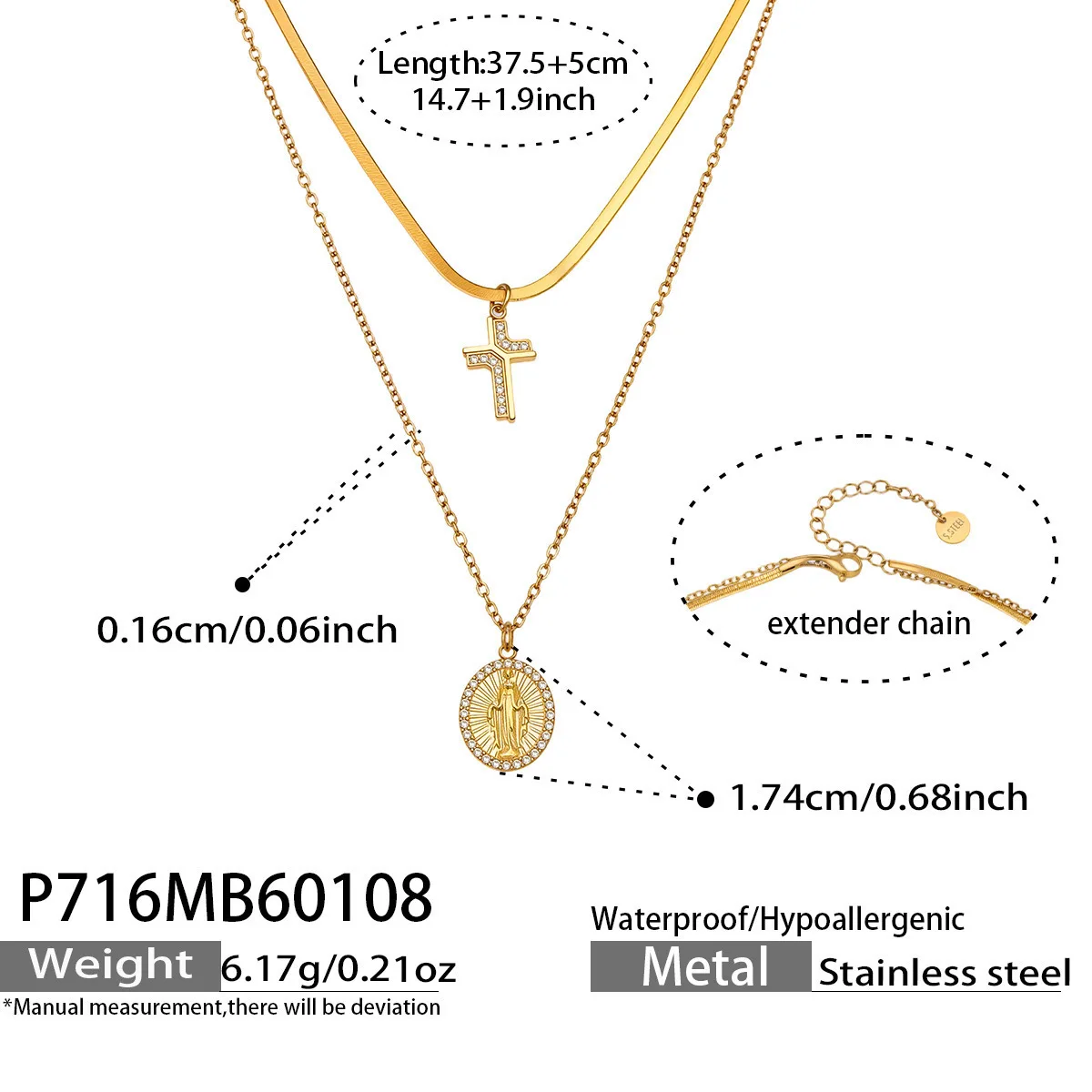 18K Gold Plated Non Tarnish Stainless Steel Layered Cross Star Necklace Dainty CZ Pendant Choker Party Jewelry for Women