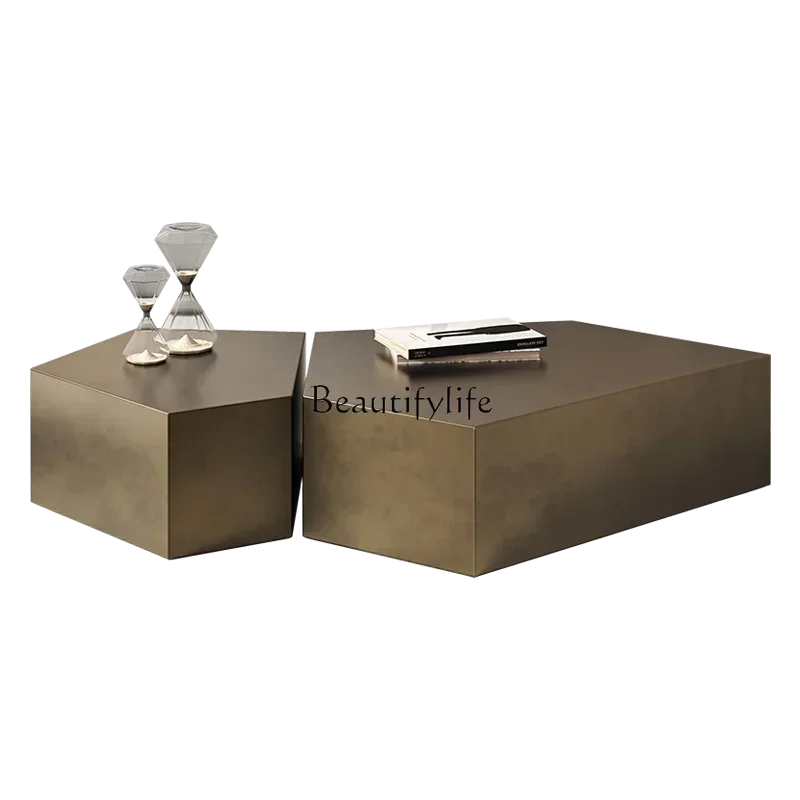 02Moderno simples luz luxo bronze escovado combinação de mesa de centro em aço inoxidável formato especial
