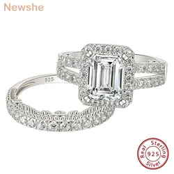Newshe 925 Sterling Silver Vintage Emerald Cut AAAAA Cubic Zircon Wedding Engagement Rings for Women Bridal Set Fine Jewelry