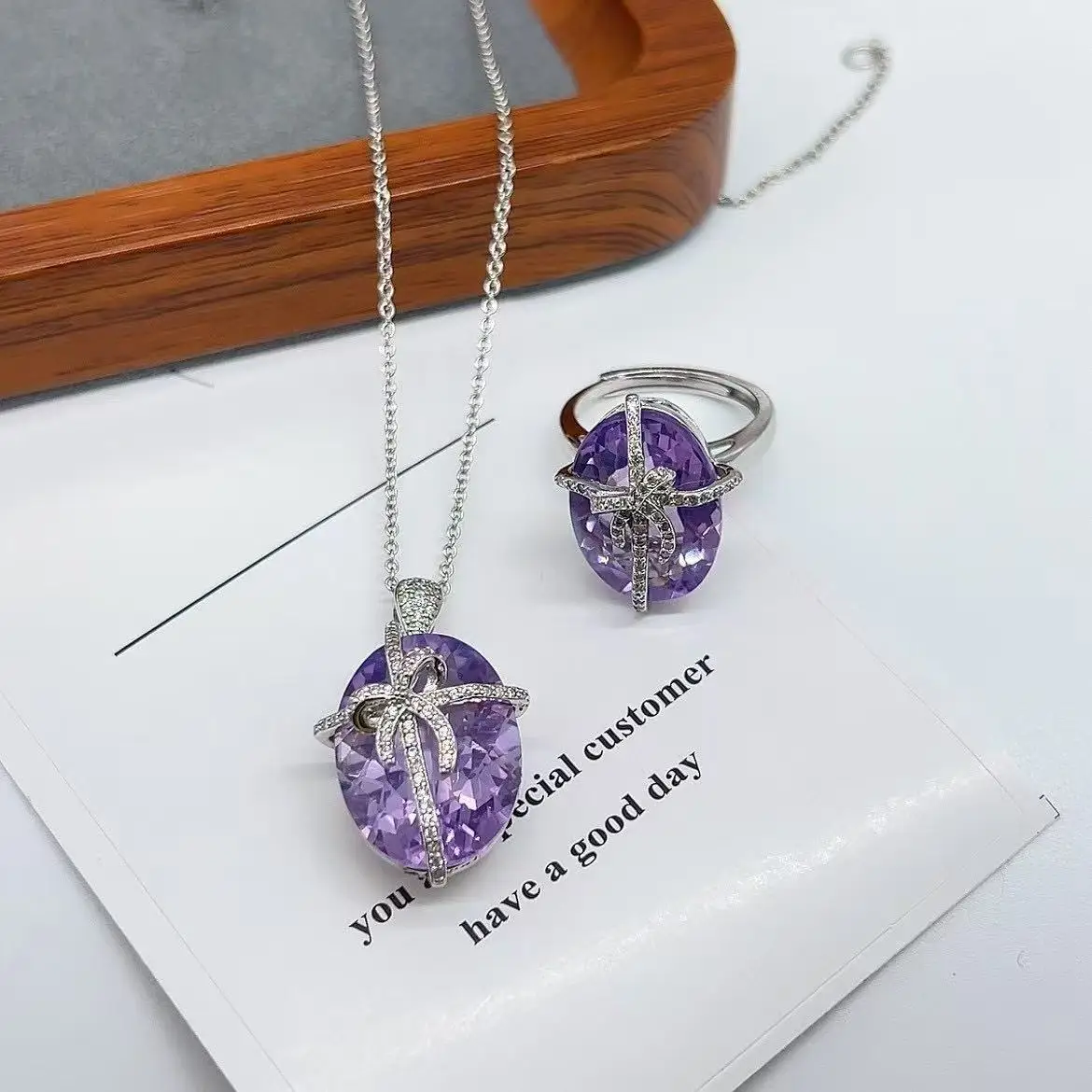 

Комплект ювелирных изделий из натурального аметиста, стерлинговое серебро S925, белое золото, фиолетовый кристалл