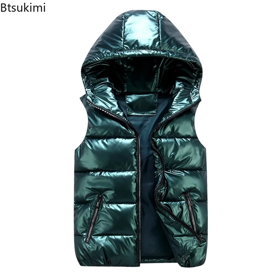 Men\'s Down Cotton Lightweight Vest Coats Couple Casual Waterproof Waistcoat Winter Men\'s Hooded Glossy Sleeveless Parkas Vest