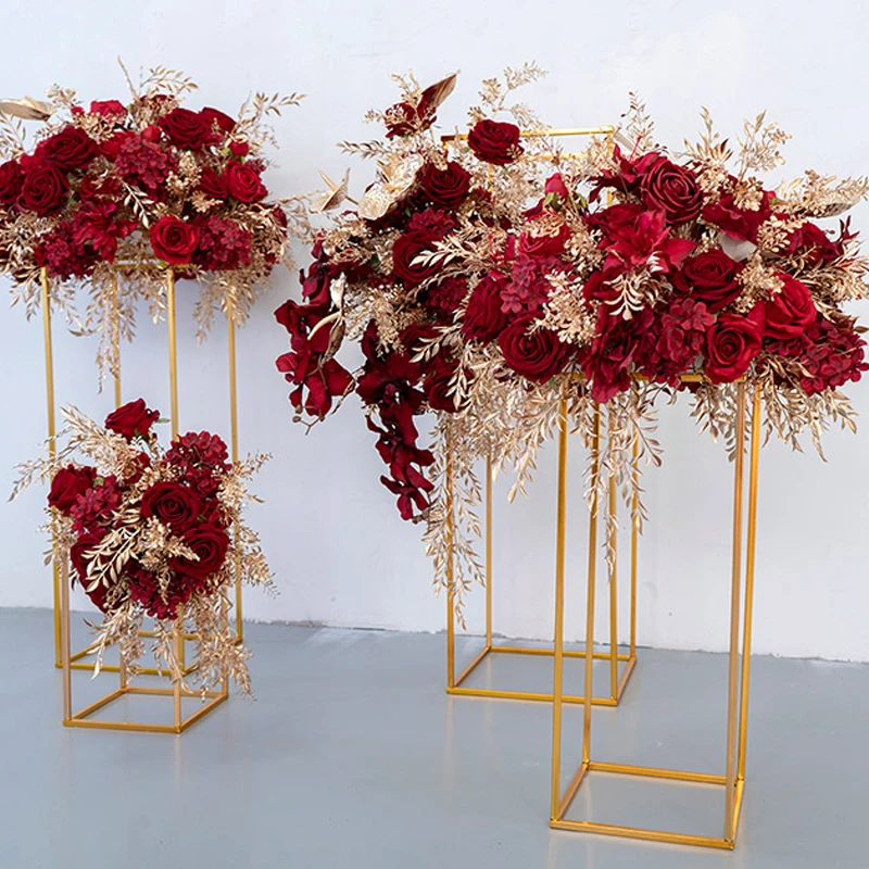 Red Artificial Wedding Flower Ball Event Christmas Table Centerpieces Decor Gold Leaf Palm Floral Geometric Shelf Backdrop Stand